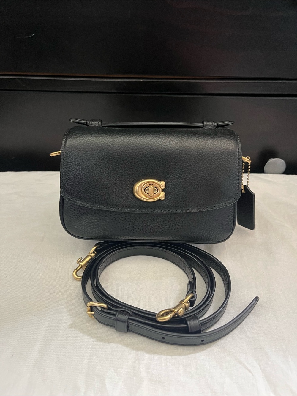 Coach Cassie 17 Black Leather Crossbody Bag with Gold Turn-Lock